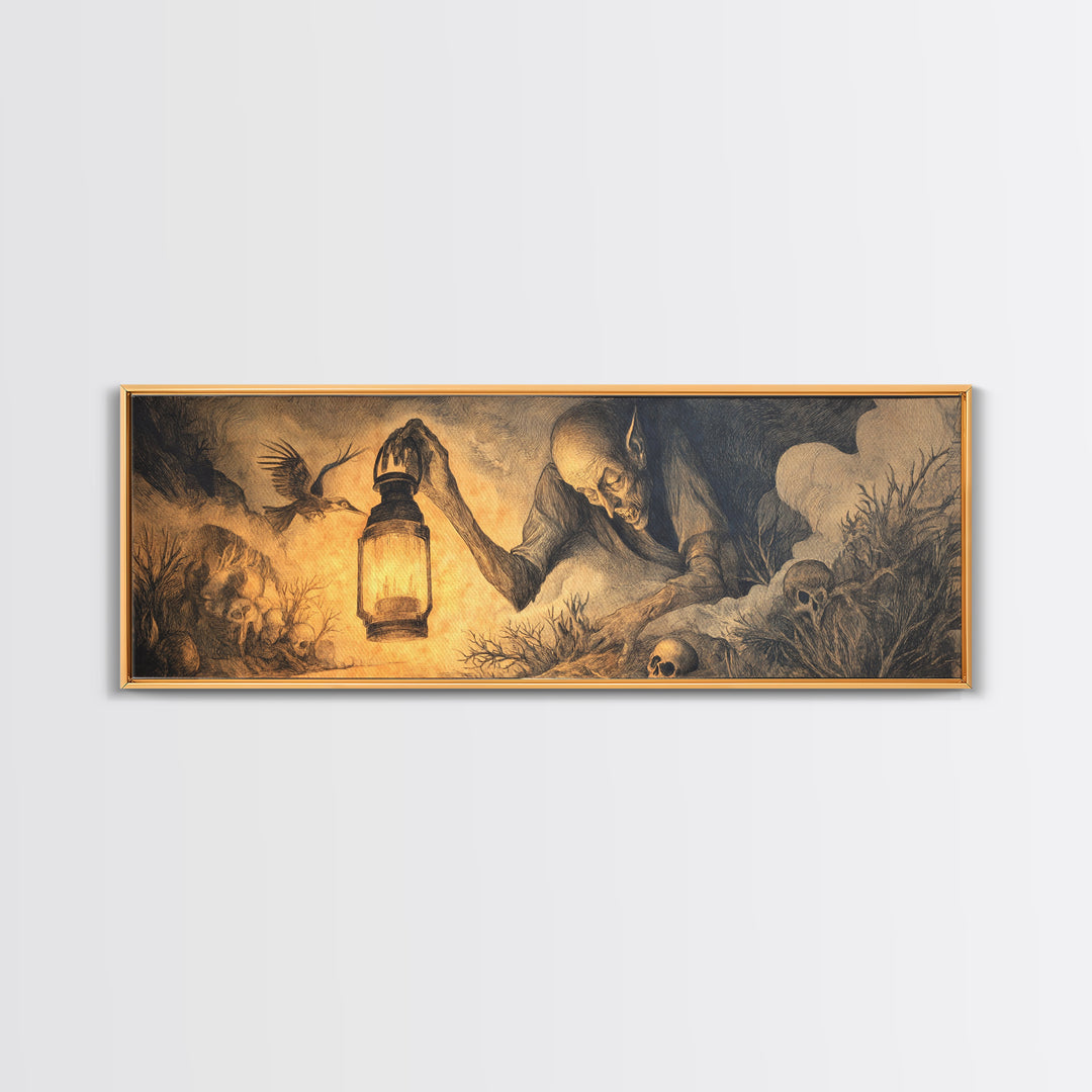 The Lantern Specter, Expressionist Nightmare Art, Extra Wide Wall Art, Macabre Wall Art, Framed Canvas Print, Halloween Wall Art