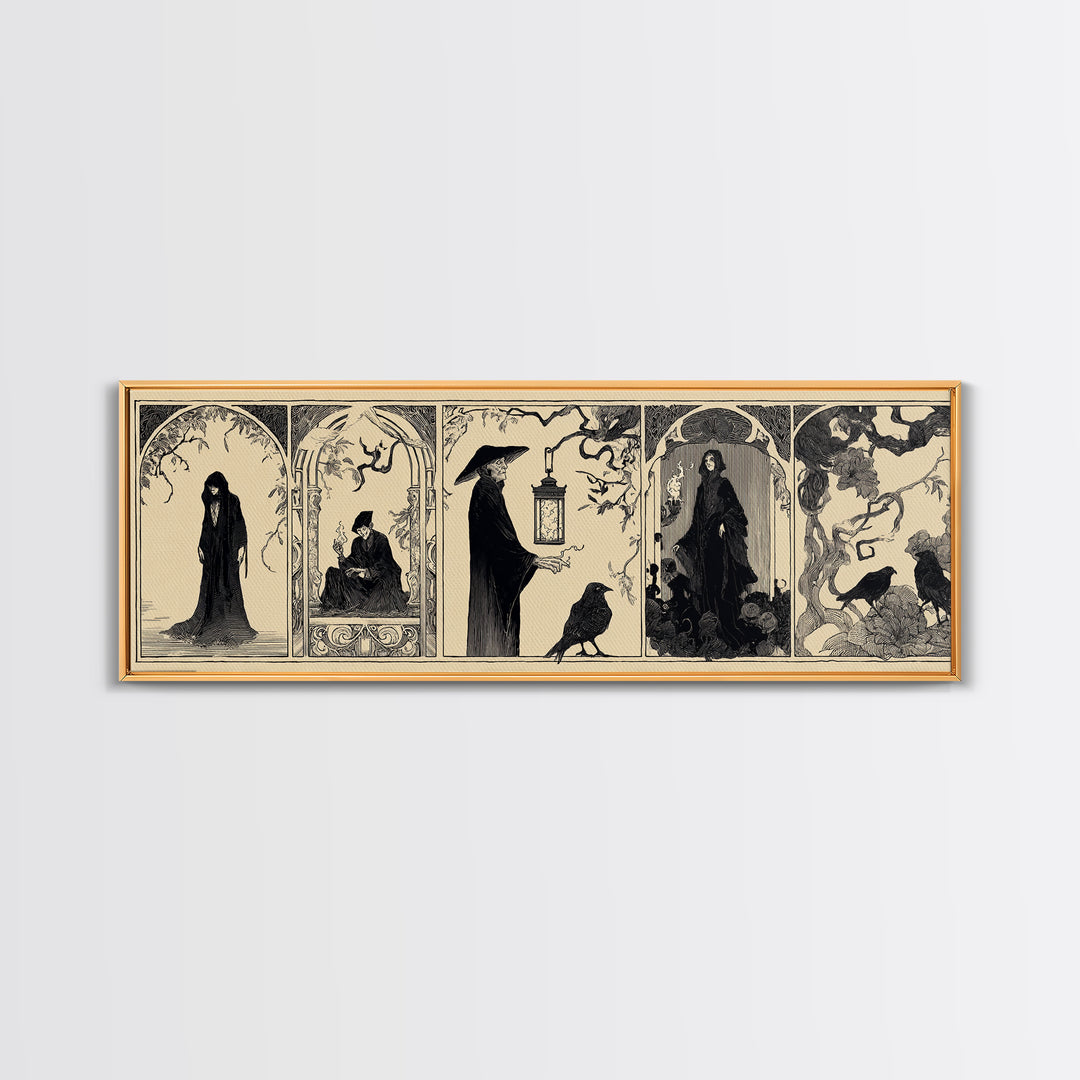 The Lantern Specter, Decadent Line Art, Extra Wide Wall Art, Macabre Wall Art, Framed Canvas Print, Halloween Wall Art