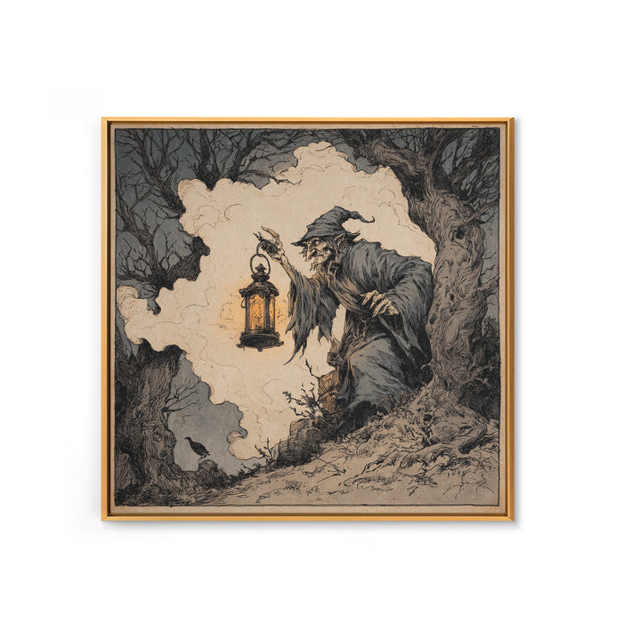 The Lantern Specter, Gothic Storybook Art, Square Wall Art, Macabre Wall Art, Framed Canvas Print, Halloween Wall Art