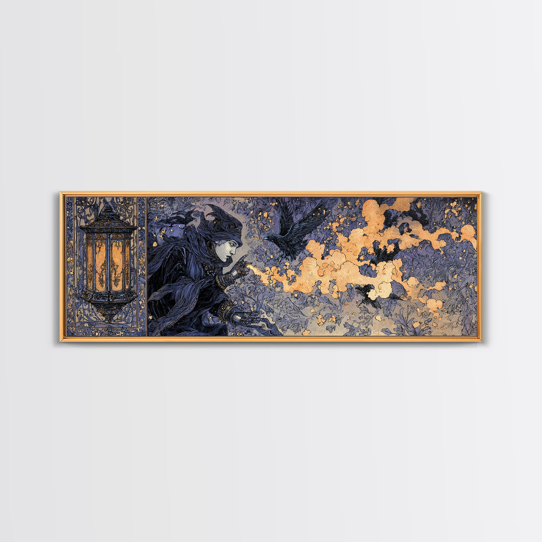 The Lantern Specter, Stained Glass Gothic Art, Extra Wide Wall Art, Dark Halloween Decor, Canvas Print, Halloween Wall Art