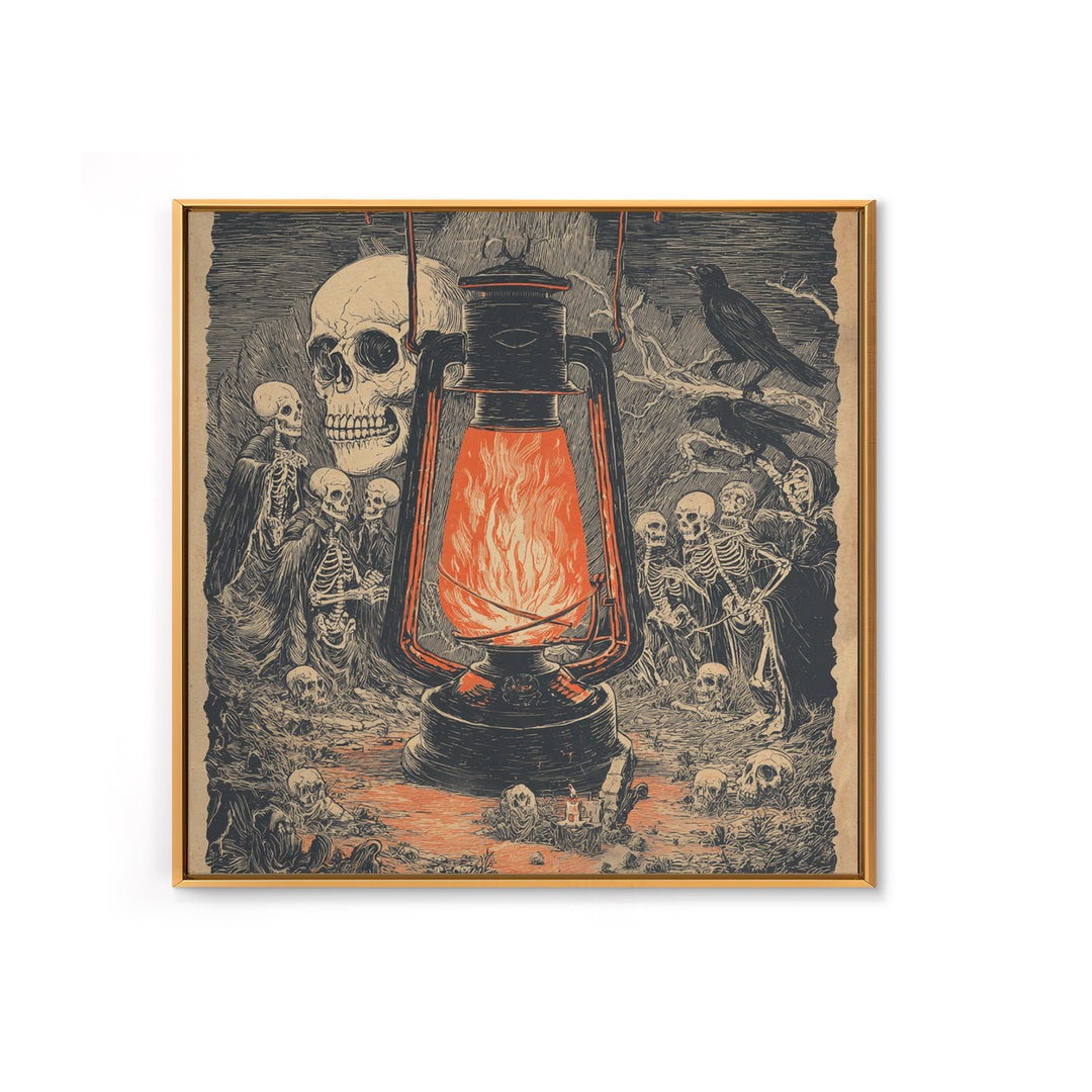 The Lantern Specter, Macabre Folk Print Art, Square Wall Art, Dark Fantasy Wall Art, Framed Canvas Print, Halloween Wall Art