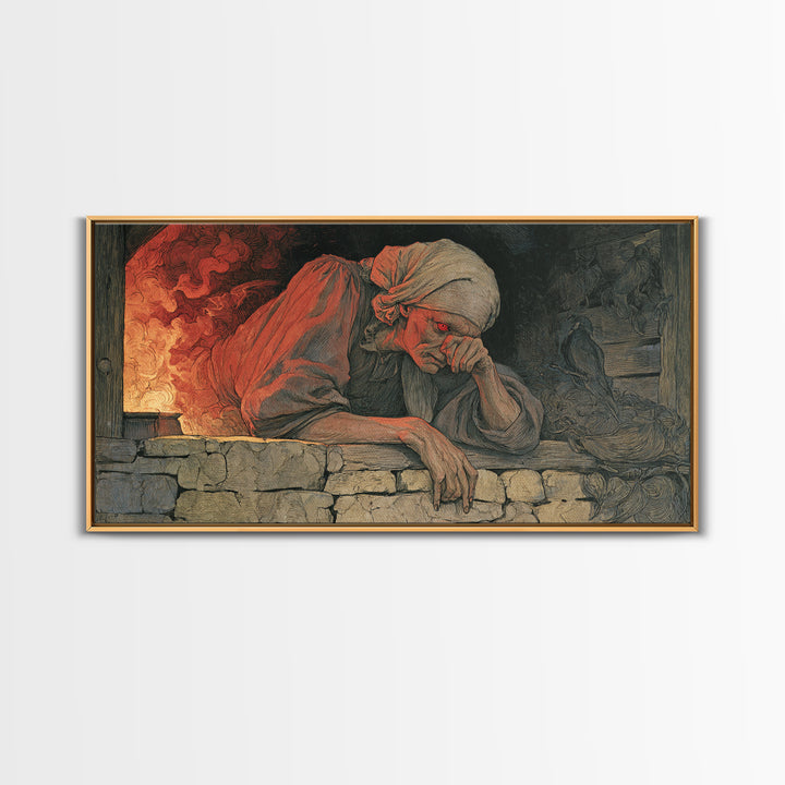 The Red-Eyed Night Hag, Dark Renaissance Art, Wide Panoramic Art, Dark Fantasy Wall Art, Framed Canvas Print, Halloween Wall Art