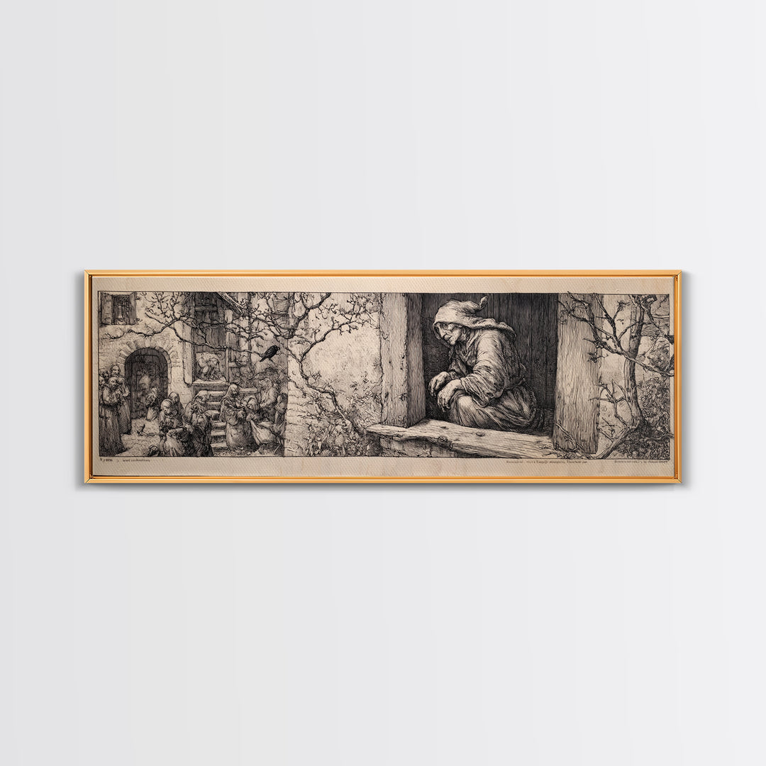 The Red-Eyed Night Hag, Renaissance Engraving Art, Extra Wide Wall Art, Gothic Horror Wall Art, Canvas Print, Halloween Wall Art