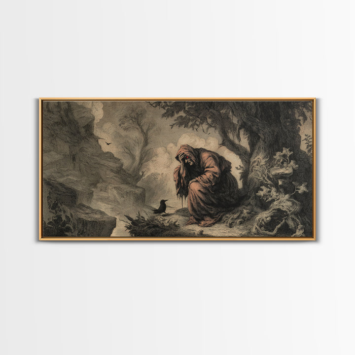 The Red-Eyed Night Hag, Baroque Witchcraft Art, Wide Panoramic Art, Gothic Horror Wall Art, Framed Canvas Print, Halloween Wall Art