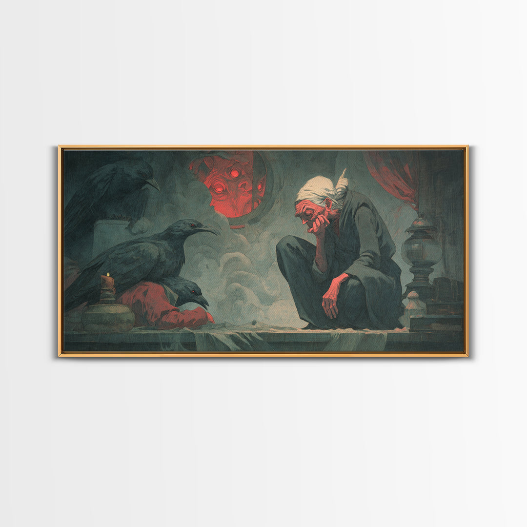 The Red-Eyed Night Hag, Gothic Nightmare Art, Wide Panoramic Art, Dark Fantasy Wall Art, Canvas Print, Halloween Wall Art