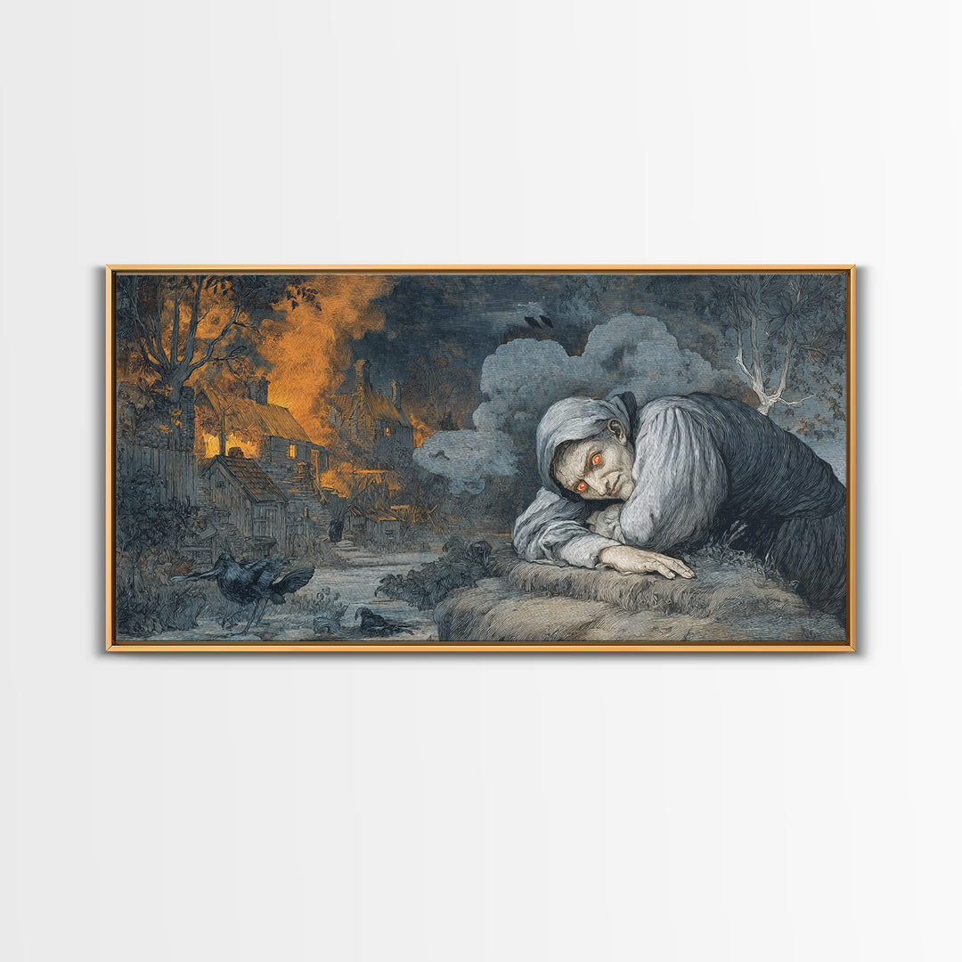 The Red-Eyed Night Hag, Visionary Gothic Art, Wide Panoramic Art, Gothic Horror Wall Art, Framed Canvas Print, Halloween Wall Art