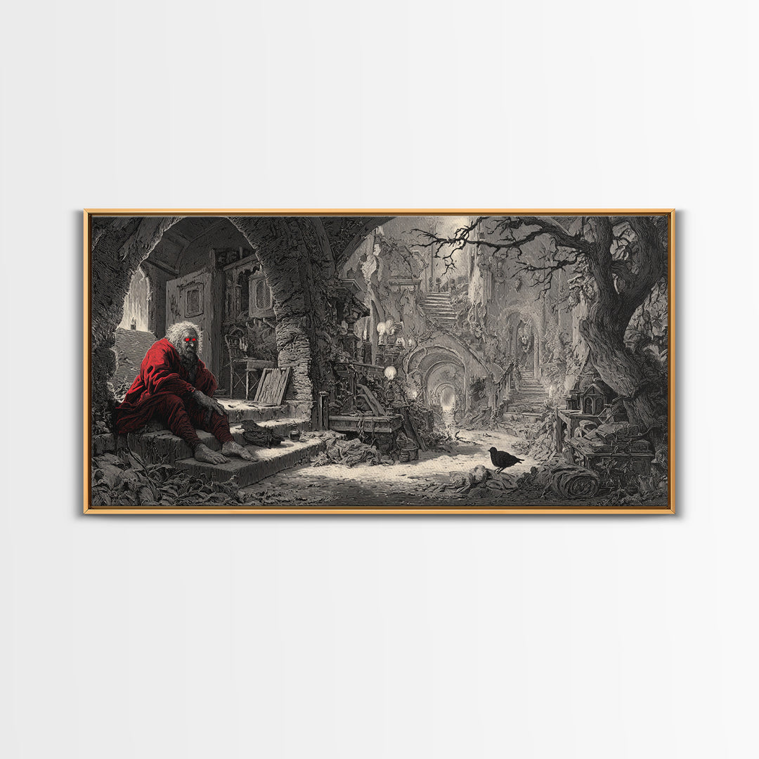 The Red-Eyed Night Hag, Architectural Etching Art, Wide Panoramic Art, Macabre Wall Art, Canvas Print, Halloween Wall Art