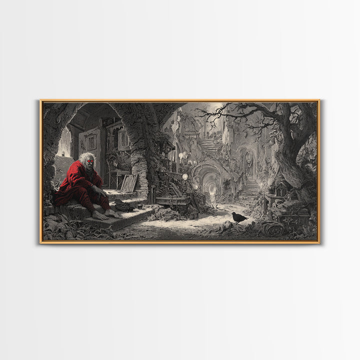 The Red-Eyed Night Hag, Architectural Etching Art, Wide Panoramic Art, Macabre Wall Art, Canvas Print, Halloween Wall Art