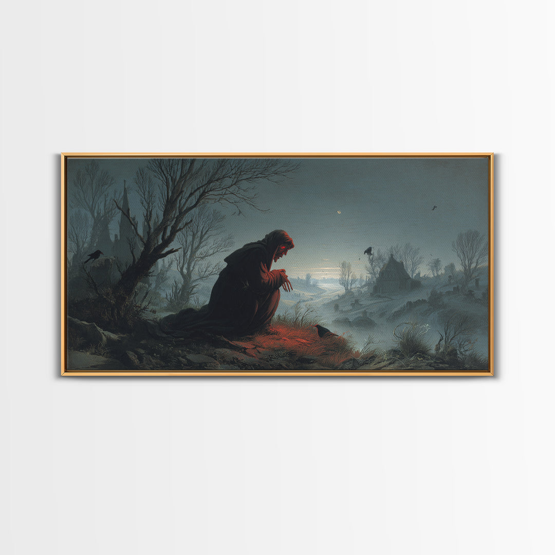 The Red-Eyed Night Hag, Romantic Gothic Landscape, Wide Panoramic Art, Dark Halloween Decor, Canvas Print, Halloween Wall Art