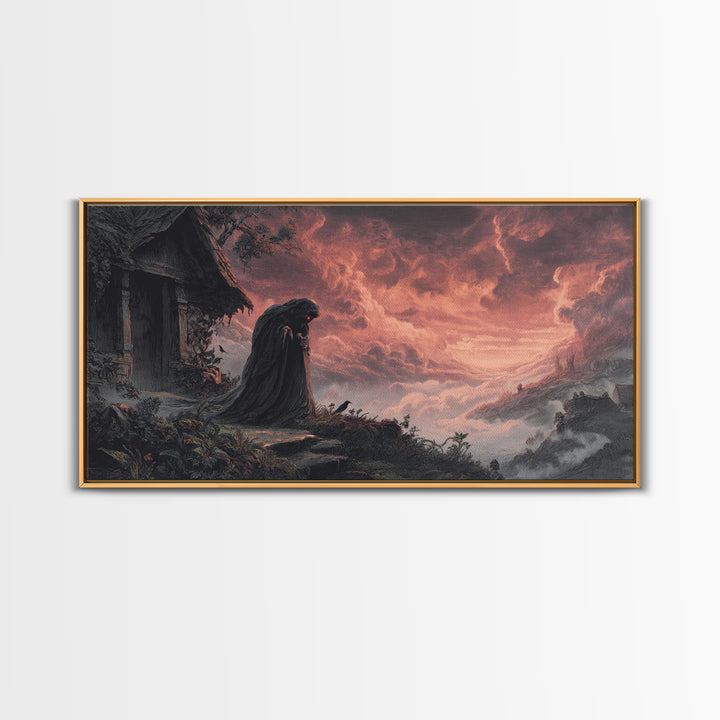 The Red-Eyed Night Hag, Apocalyptic Romantic Art, Wide Panoramic Art, Dark Halloween Decor, Canvas Print, Halloween Wall Art