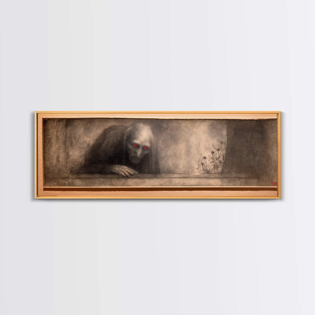 The Red-Eyed Night Hag, Symbolist Dream Art, Extra Wide Wall Art, Dark Halloween Decor, Framed Canvas Print, Halloween Wall Art
