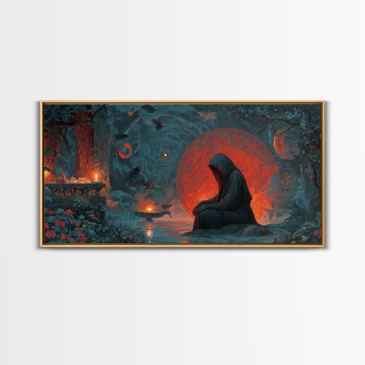 The Red-Eyed Night Hag, Symbolist Gothic Landscape, Wide Panoramic Art, Dark Halloween Decor, Canvas Print, Halloween Wall Art