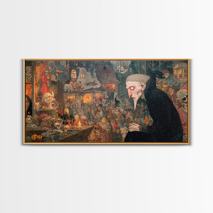The Red-Eyed Night Hag, Grotesque Carnival Art, Wide Panoramic Art, Gothic Horror Wall Art, Framed Canvas Print, Halloween Wall Art