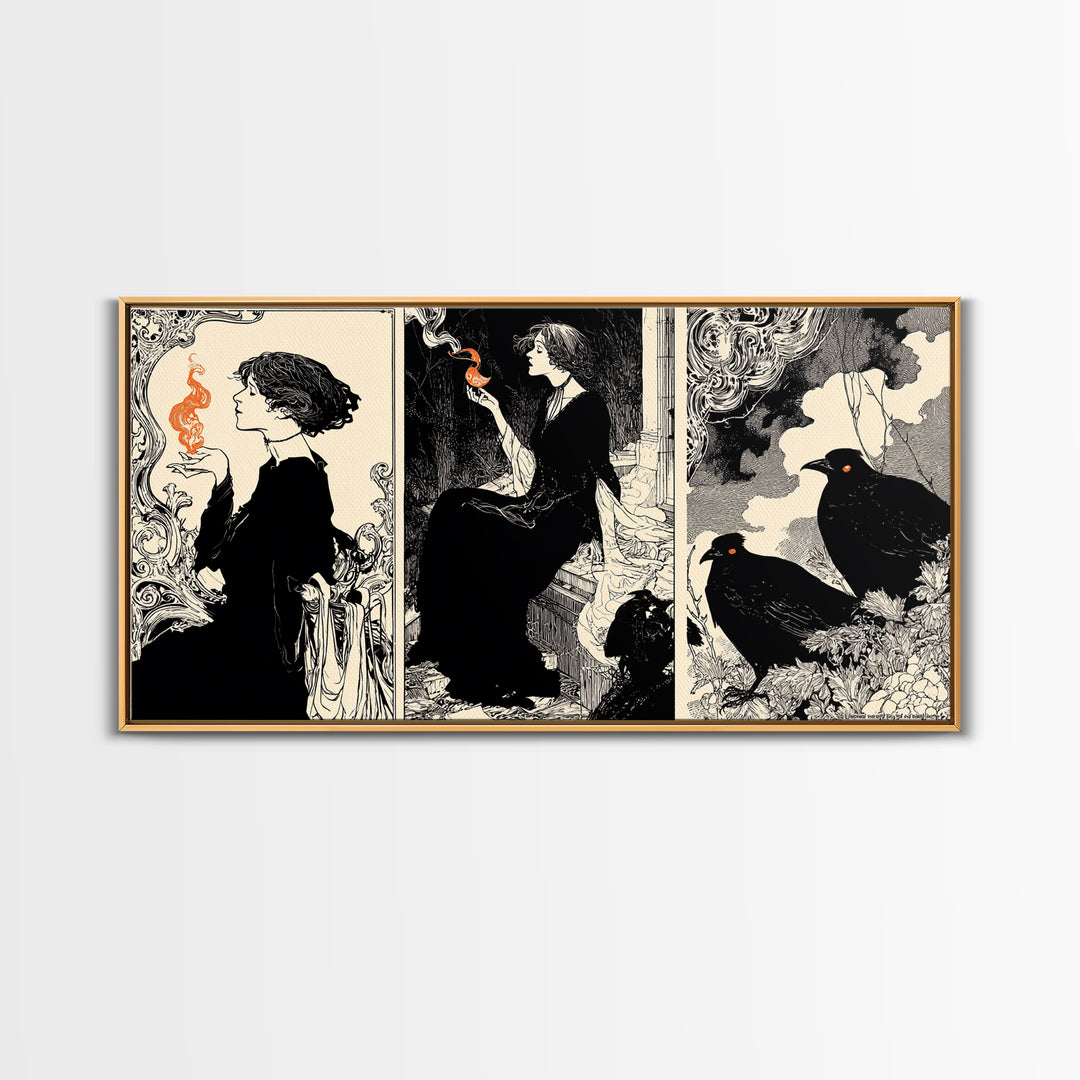 The Red-Eyed Night Hag, Decadent Line Art, Wide Panoramic Art, Dark Fantasy Wall Art, Framed Canvas Print, Halloween Wall Art