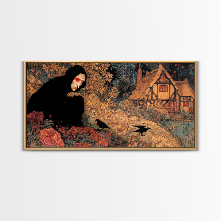 The Red-Eyed Night Hag, Stained Glass Gothic Art, Wide Panoramic Art, Dark Fantasy Wall Art, Canvas Print, Halloween Wall Art