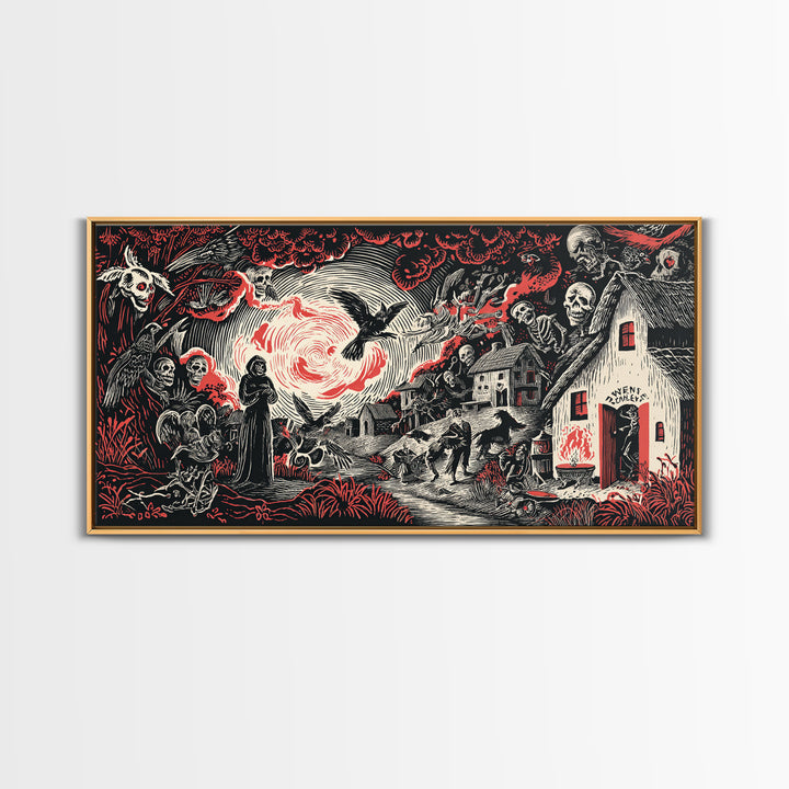 The Red-Eyed Night Hag, Macabre Folk Print Art, Wide Panoramic Art, Gothic Horror Wall Art, Canvas Print, Halloween Wall Art