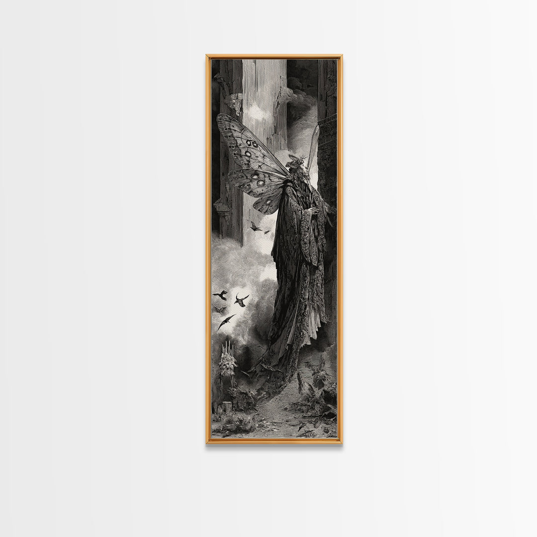 The Velvet Moth Witch, Gothic Engraving Art, Tall Narrow Wall Art, Gothic Horror Wall Art, Canvas Print, Halloween Wall Art