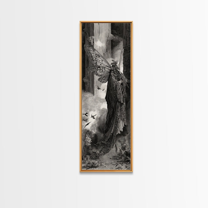 The Velvet Moth Witch, Gothic Engraving Art, Tall Narrow Wall Art, Gothic Horror Wall Art, Canvas Print, Halloween Wall Art