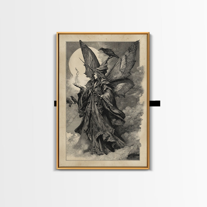 The Velvet Moth Witch, Renaissance Engraving Art, Vertical Wall Art, Gothic Horror Wall Art, Framed Canvas Print, Halloween Wall Art