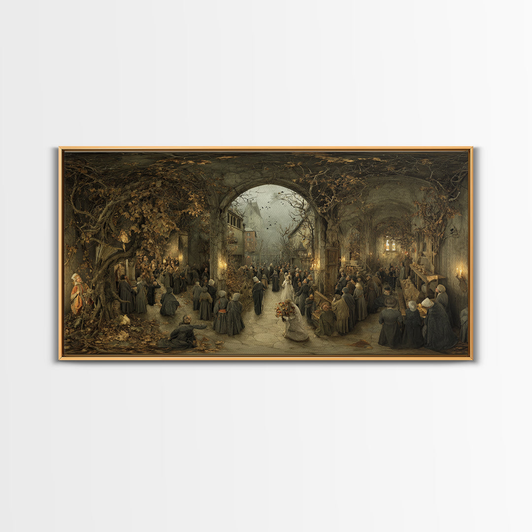 The Ghostly Groom, Northern Renaissance Horror, Wide Panoramic Art, Macabre Wall Art, Framed Canvas Print, Halloween Wall Art