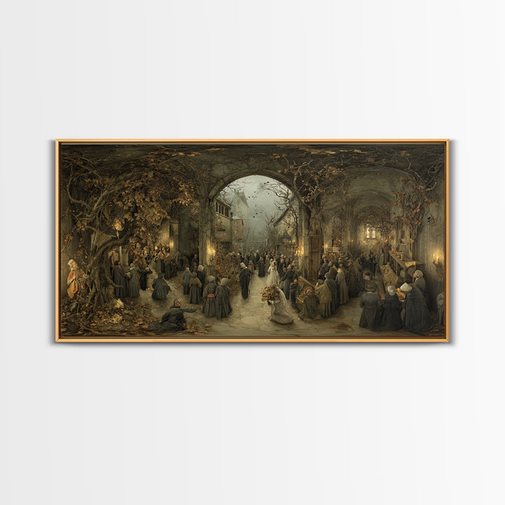 The Ghostly Groom, Northern Renaissance Horror, Wide Panoramic Art, Macabre Wall Art, Framed Canvas Print, Halloween Wall Art
