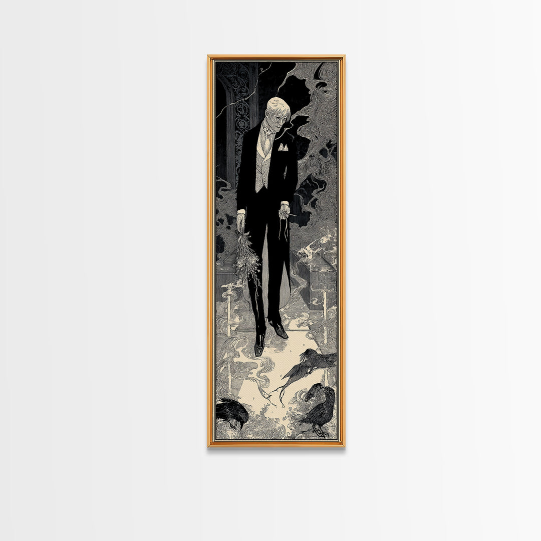 The Ghostly Groom, Decadent Line Art, Tall Narrow Wall Art, Dark Fantasy Wall Art, Framed Canvas Print, Halloween Wall Art