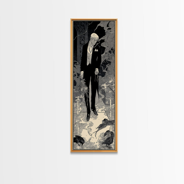 The Ghostly Groom, Decadent Line Art, Tall Narrow Wall Art, Dark Fantasy Wall Art, Framed Canvas Print, Halloween Wall Art
