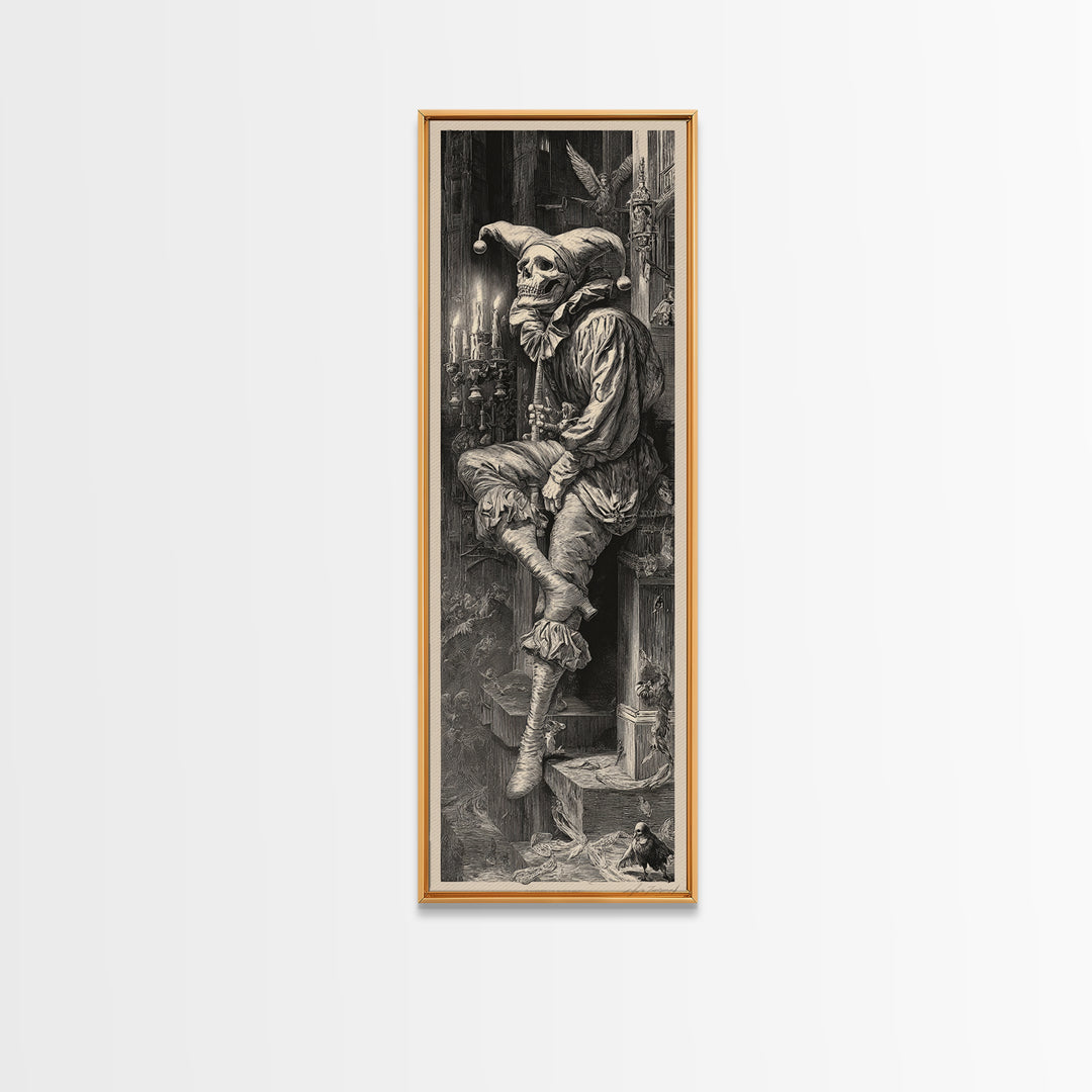 The Phantom Jester, Gothic Engraving Art, Tall Narrow Wall Art, Dark Fantasy Wall Art, Framed Canvas Print, Halloween Wall Art