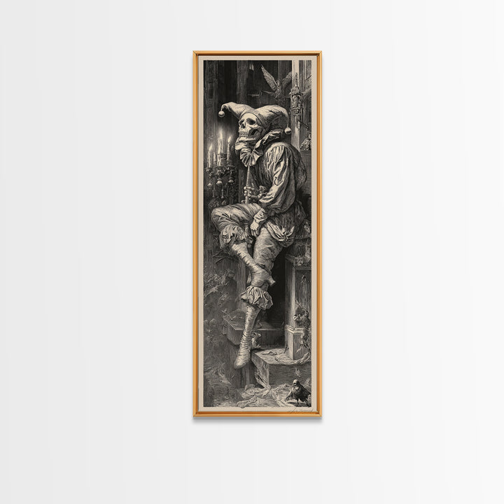 The Phantom Jester, Gothic Engraving Art, Tall Narrow Wall Art, Dark Fantasy Wall Art, Framed Canvas Print, Halloween Wall Art
