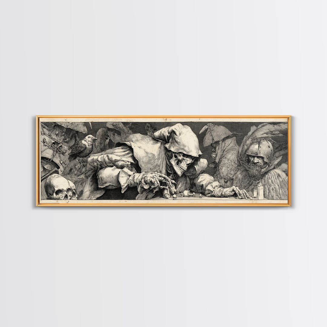 The Phantom Jester, Renaissance Engraving Art, Extra Wide Wall Art, Dark Halloween Decor, Canvas Print, Halloween Wall Art