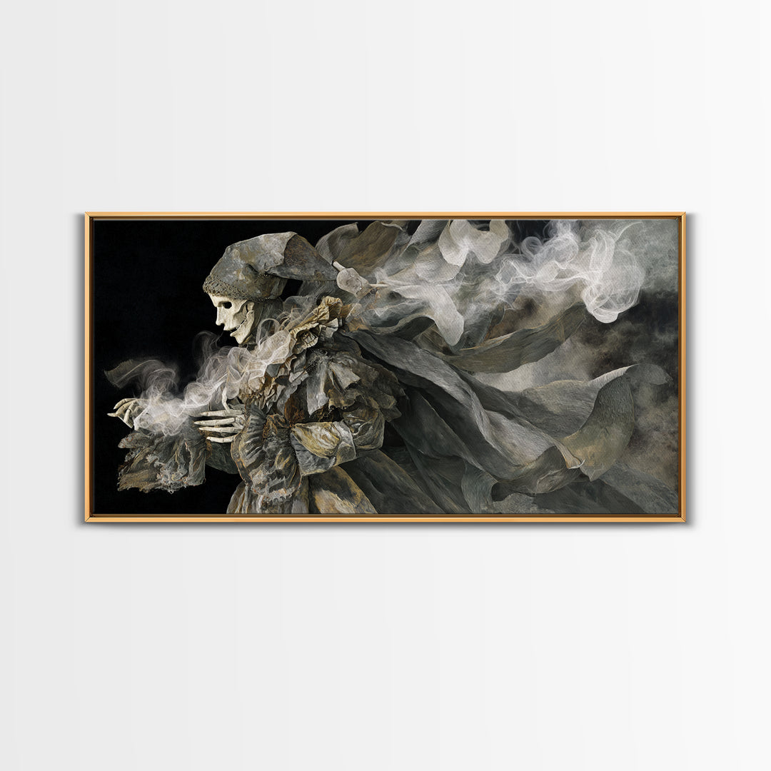The Phantom Jester, Visionary Gothic Art, Wide Panoramic Art, Macabre Wall Art, Framed Canvas Print, Halloween Wall Art