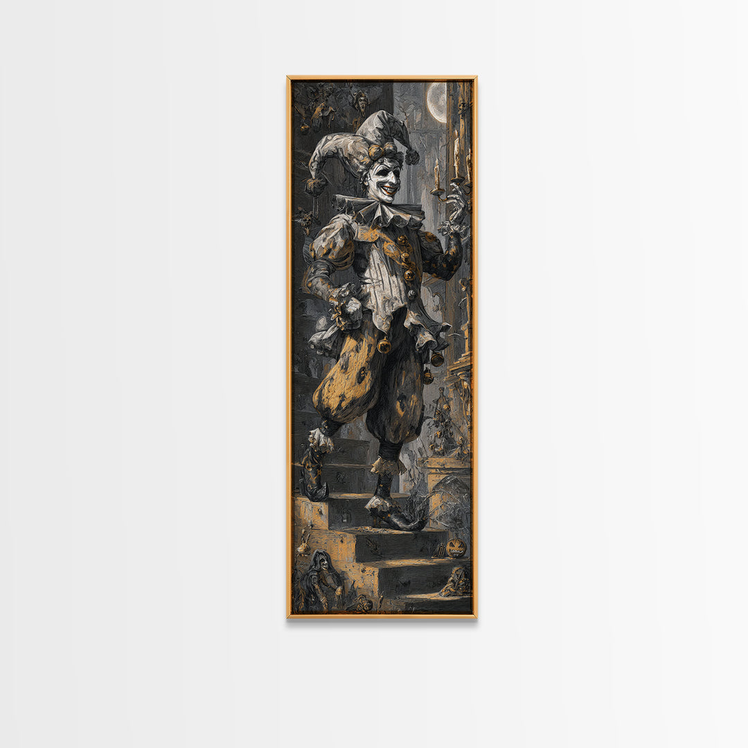 The Phantom Jester, Architectural Etching Art, Tall Narrow Wall Art, Gothic Horror Wall Art, Framed Canvas Print