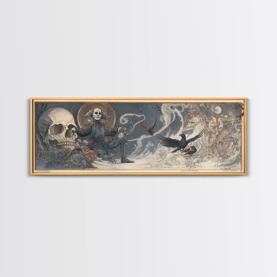 The Phantom Jester, Symbolist Death Art, Extra Wide Wall Art, Dark Fantasy Wall Art, Framed Canvas Print, Halloween Wall Art