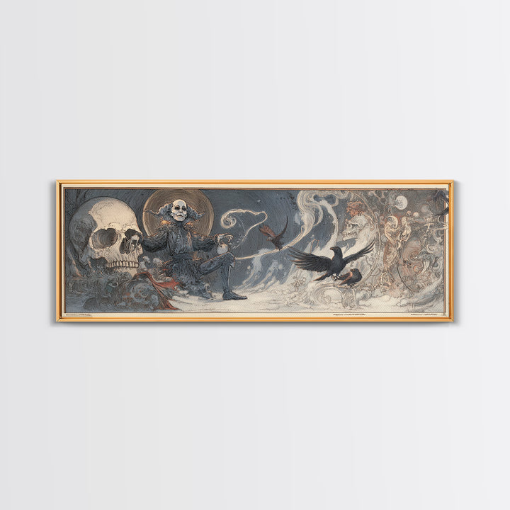 The Phantom Jester, Symbolist Death Art, Extra Wide Wall Art, Dark Fantasy Wall Art, Framed Canvas Print, Halloween Wall Art