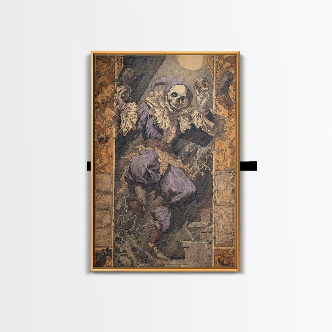 The Phantom Jester, Symbolist Etching Art, Vertical Wall Art, Dark Halloween Decor, Framed Canvas Print, Halloween Wall Art