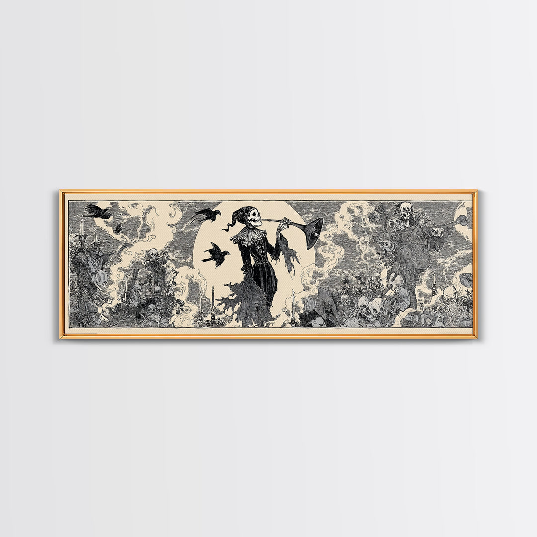 The Phantom Jester, Decadent Line Art, Extra Wide Wall Art, Gothic Horror Wall Art, Framed Canvas Print, Halloween Wall Art
