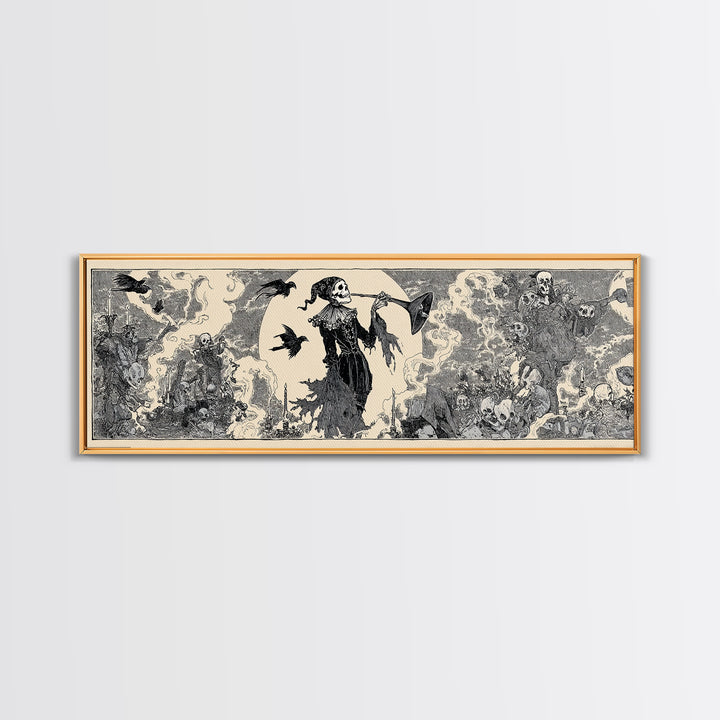 The Phantom Jester, Decadent Line Art, Extra Wide Wall Art, Gothic Horror Wall Art, Framed Canvas Print, Halloween Wall Art