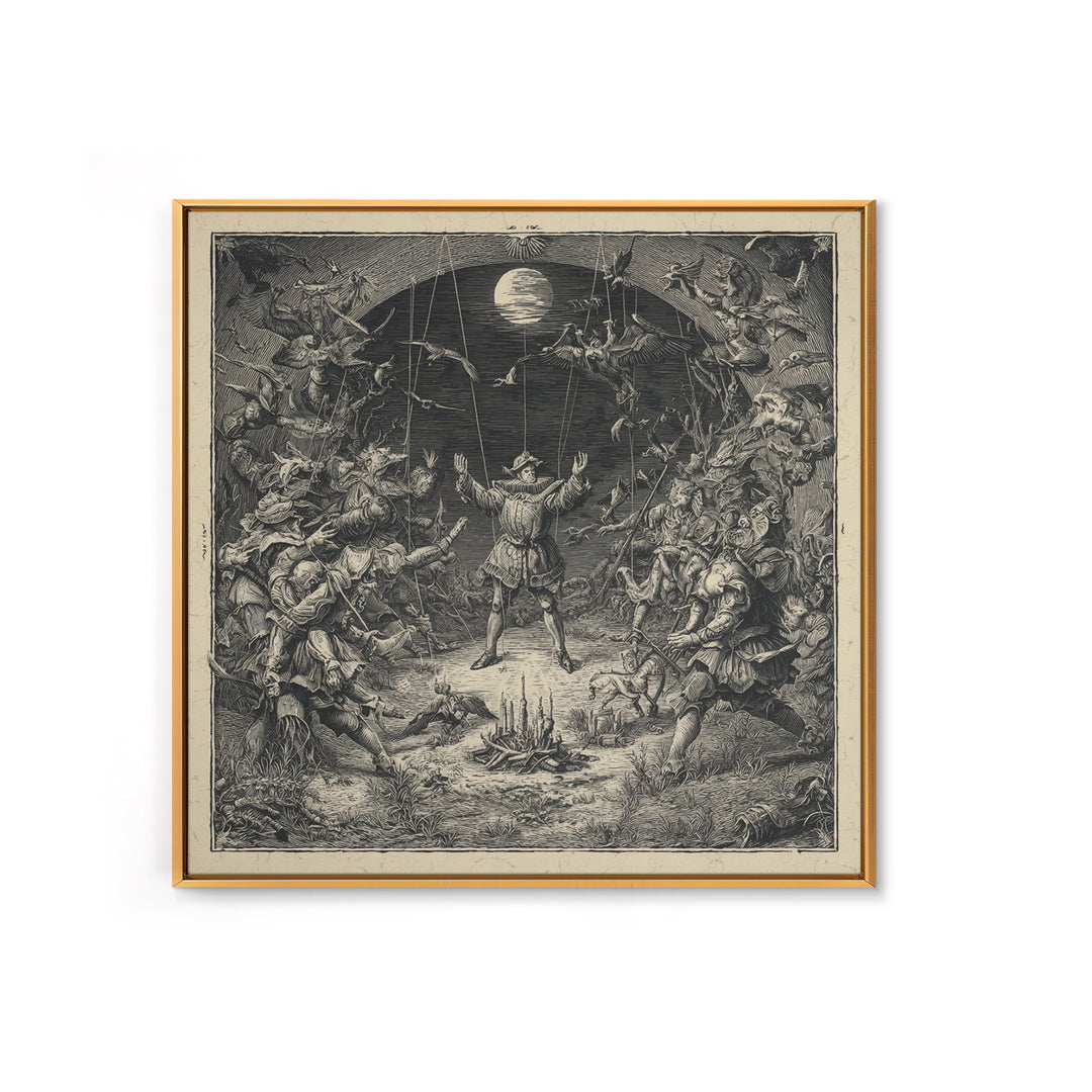 The Marionette Master, Renaissance Engraving Art, Square Wall Art, Dark Halloween Decor, Framed Canvas Print, Halloween Wall Art