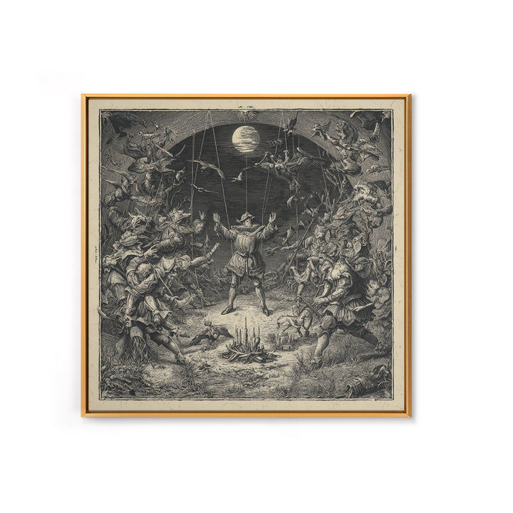 The Marionette Master, Renaissance Engraving Art, Square Wall Art, Dark Halloween Decor, Framed Canvas Print, Halloween Wall Art