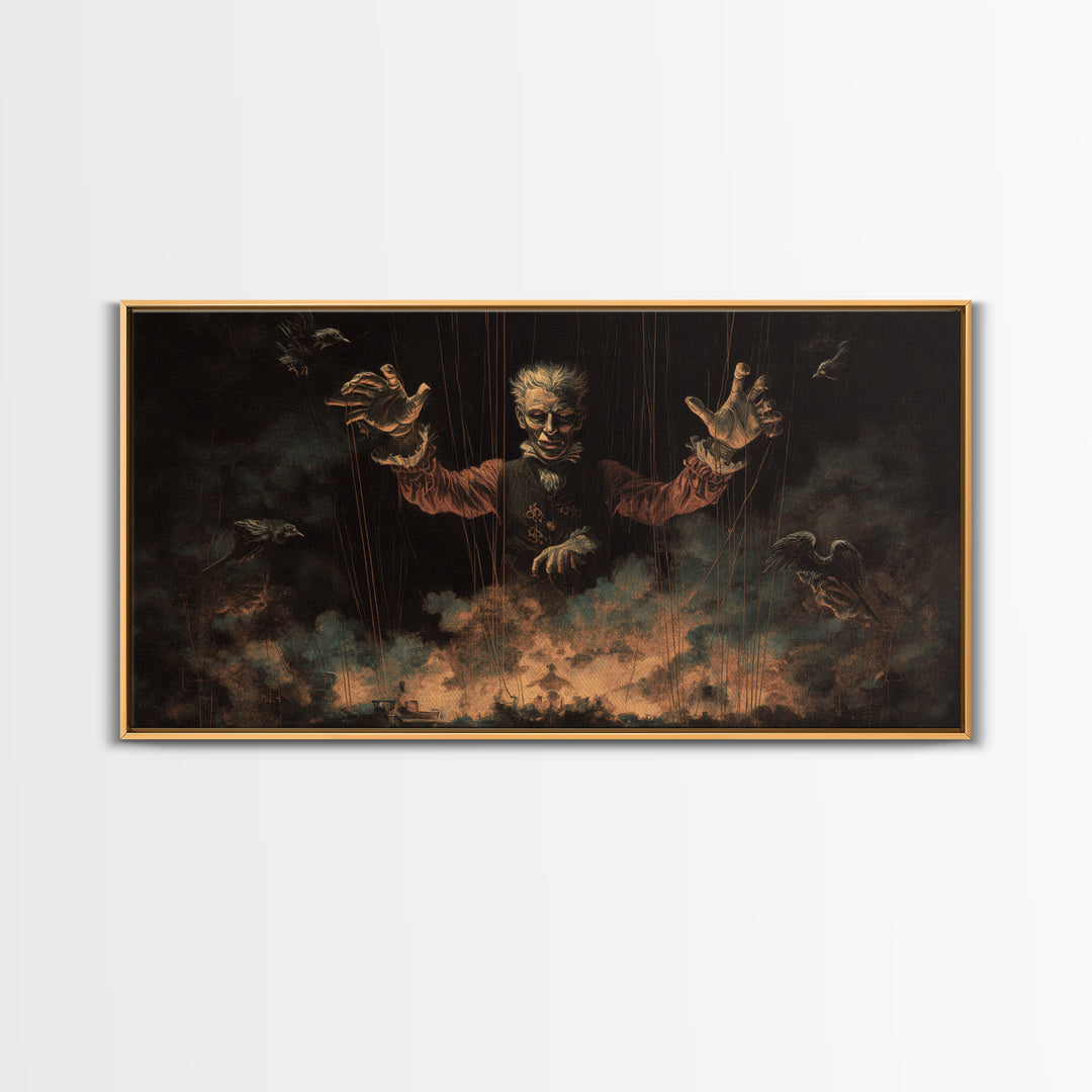 The Marionette Master, Visionary Gothic Art, Wide Panoramic Art, Dark Halloween Decor, Framed Canvas Print, Halloween Wall Art
