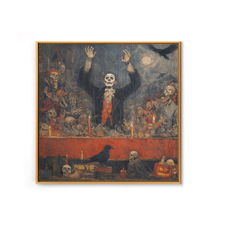 The Marionette Master, Grotesque Carnival Art, Square Wall Art, Dark Halloween Decor, Framed Canvas Print, Halloween Wall Art