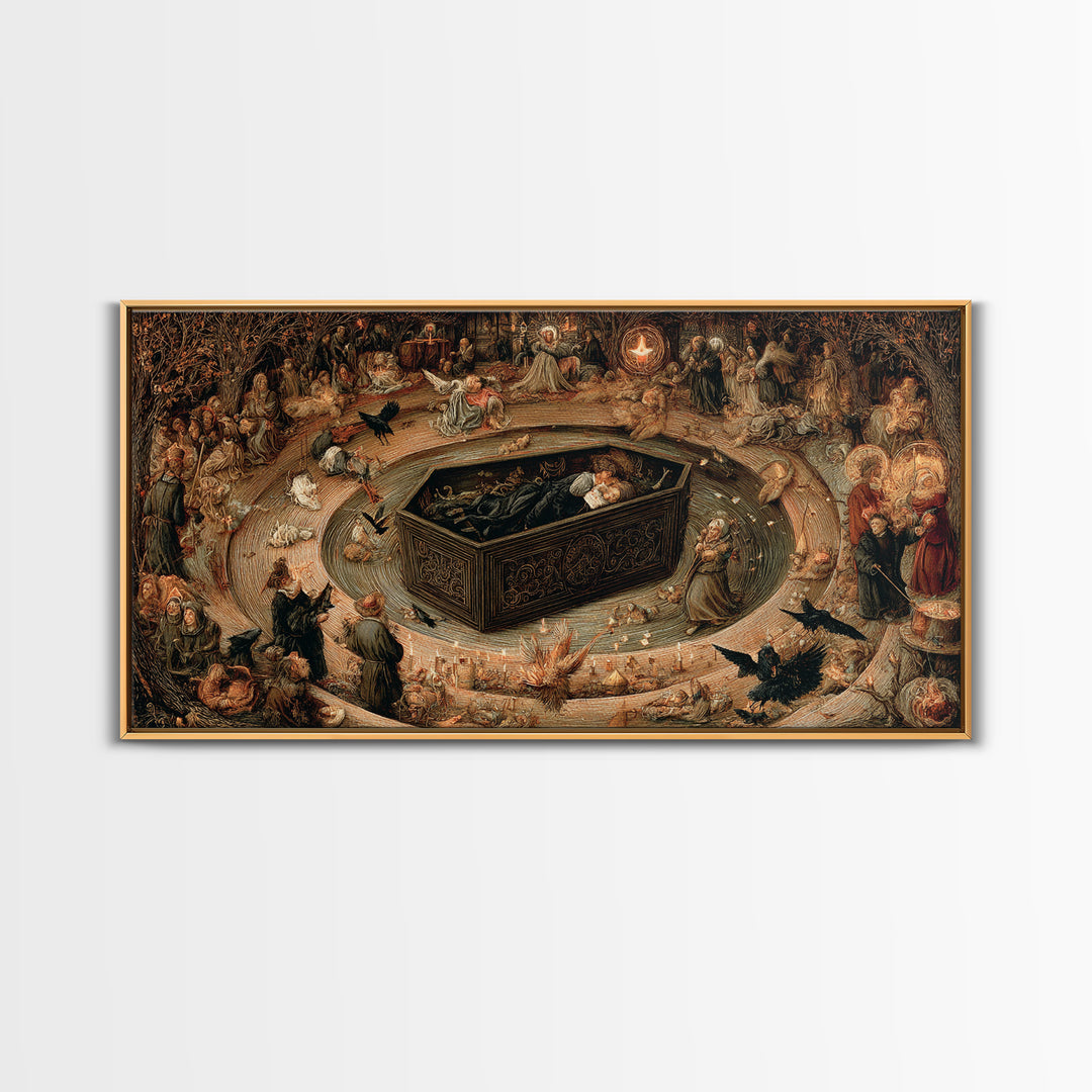 The Coffin Sleeper, Northern Renaissance Horror, Wide Panoramic Art, Dark Halloween Decor, Canvas Print, Halloween Wall Art