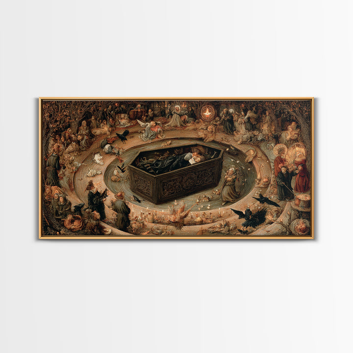 The Coffin Sleeper, Northern Renaissance Horror, Wide Panoramic Art, Dark Halloween Decor, Canvas Print, Halloween Wall Art