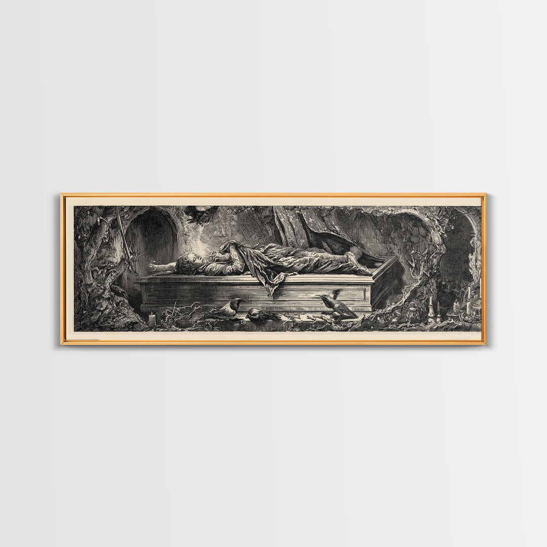 The Coffin Sleeper, Renaissance Engraving Art, Extra Wide Wall Art, Gothic Horror Wall Art, Canvas Print, Halloween Wall Art
