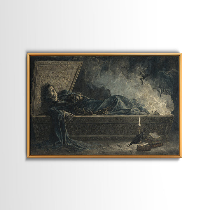 The Coffin Sleeper, Visionary Gothic Art, Wide Panoramic Art, Dark Fantasy Wall Art, Framed Canvas Print, Halloween Wall Art