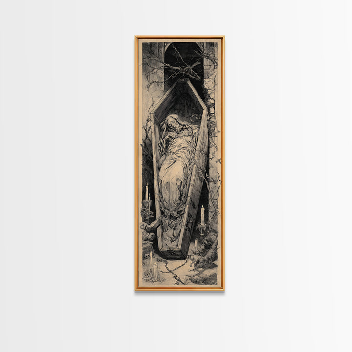 The Coffin Sleeper, Architectural Etching Art, Tall Narrow Wall Art, Gothic Horror Wall Art, Canvas Print, Halloween Wall Art