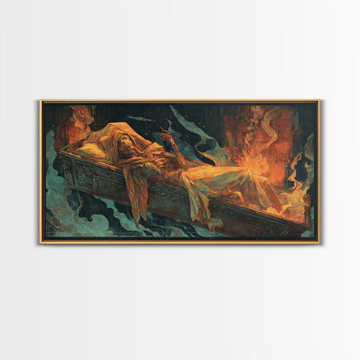 The Coffin Sleeper, Apocalyptic Romantic Art, Wide Panoramic Art, Dark Halloween Decor, Canvas Print, Halloween Wall Art, Dark Fantasy Art