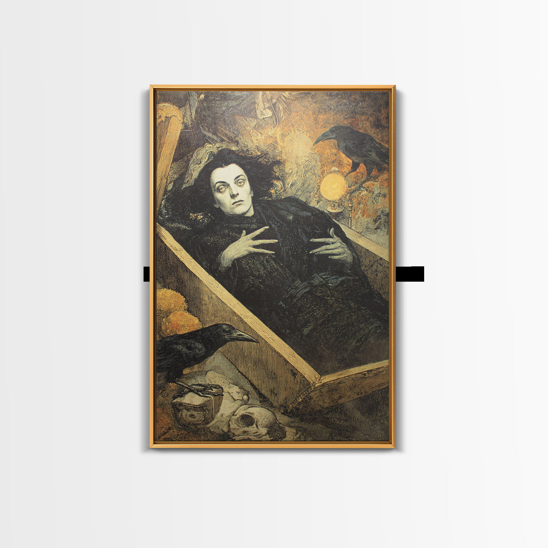 The Coffin Sleeper, Symbolist Etching Art, Vertical Wall Art, Gothic Horror Wall Art, Framed Canvas Print, Halloween Wall Art