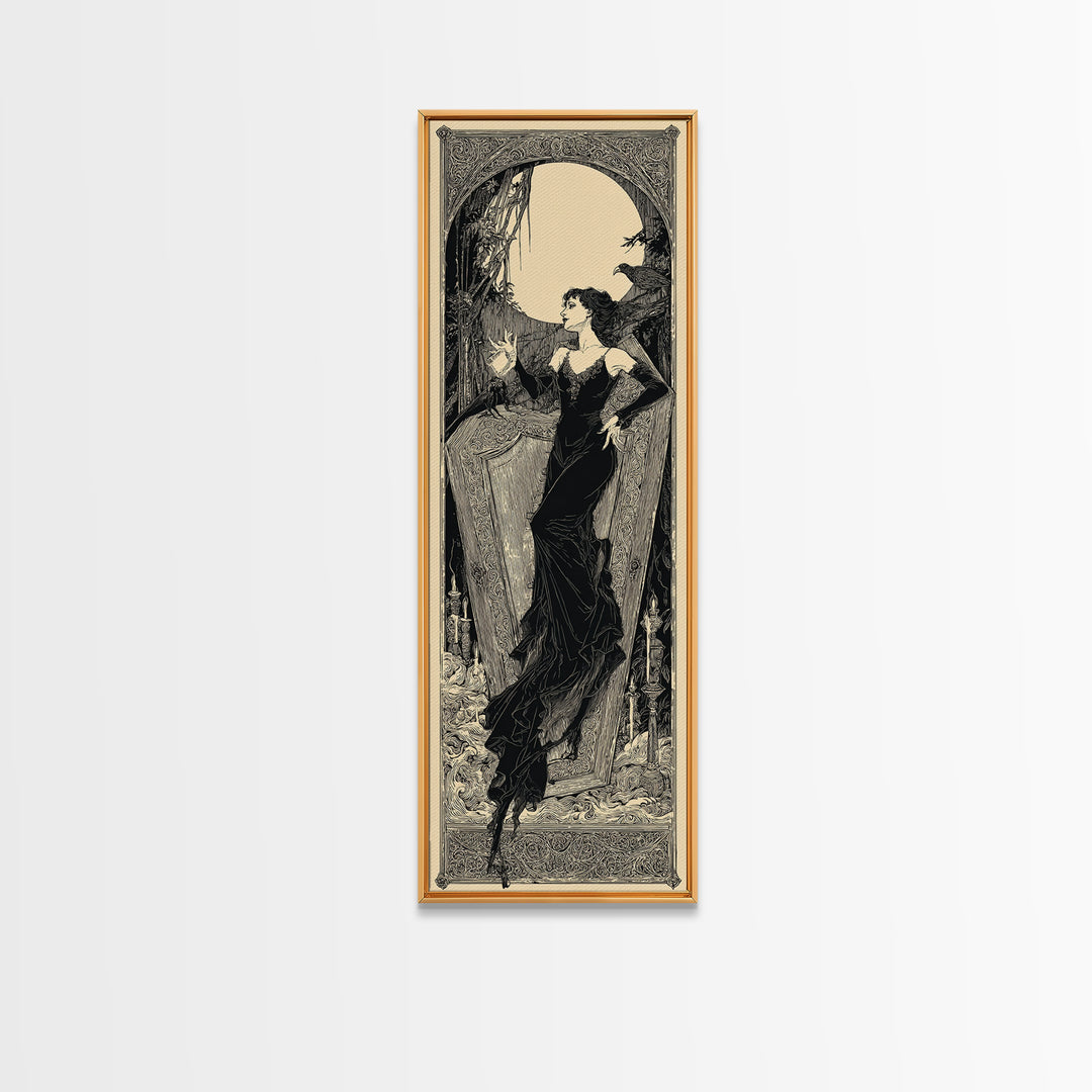 The Coffin Sleeper, Decadent Line Art, Tall Narrow Wall Art, Gothic Horror Wall Art, Canvas Print, Halloween Wall Art