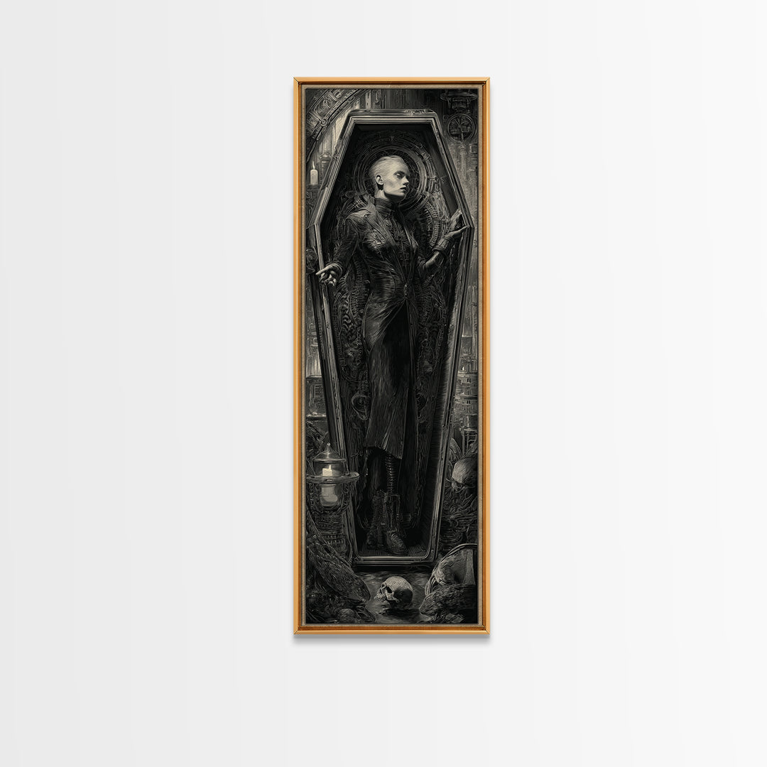 The Coffin Sleeper, Biomechanical Horror Art, Tall Narrow Wall Art, Gothic Horror Wall Art, Framed Canvas Print, Halloween Wall Art